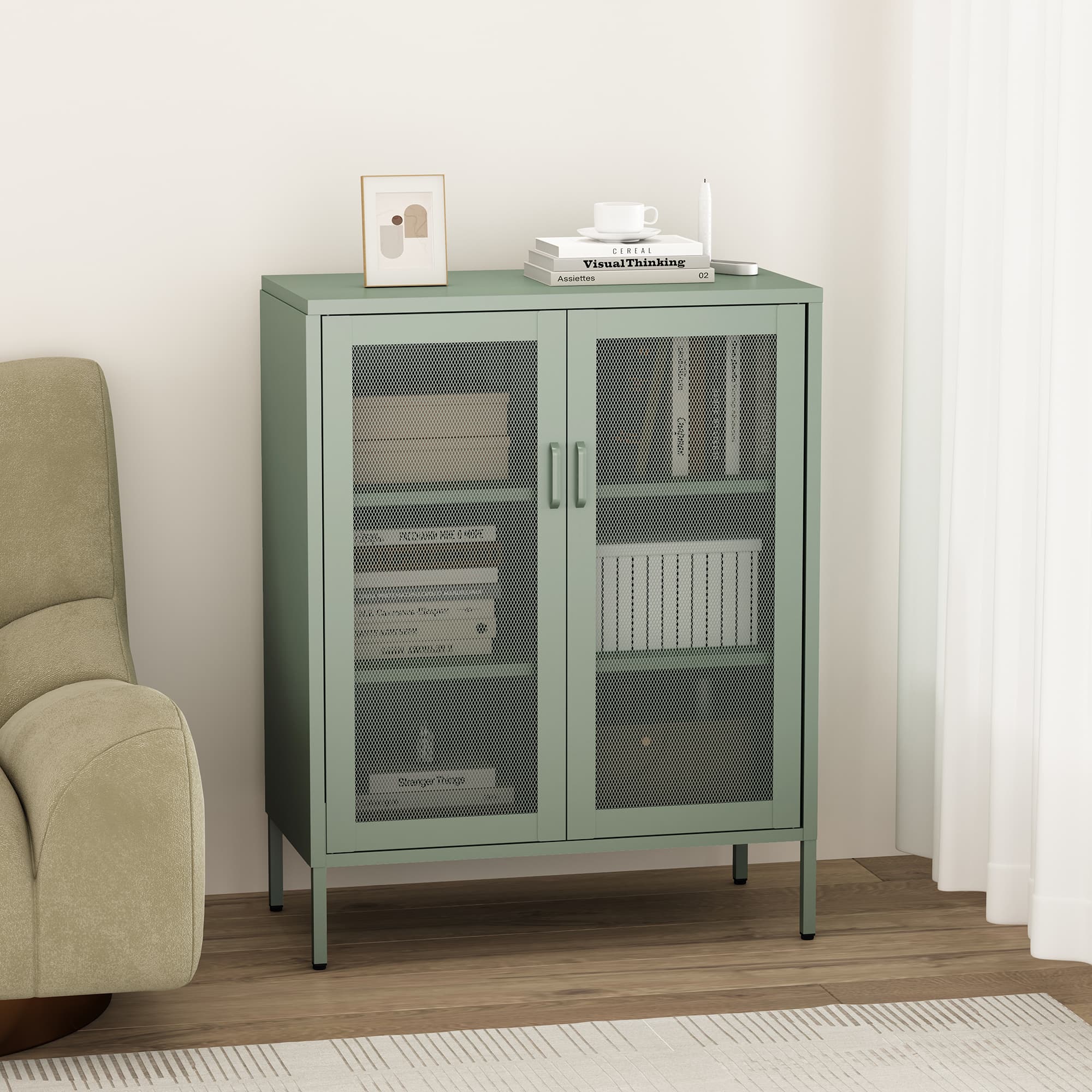 Amelia 32" Metal Accent Cabinet in Sage Green
