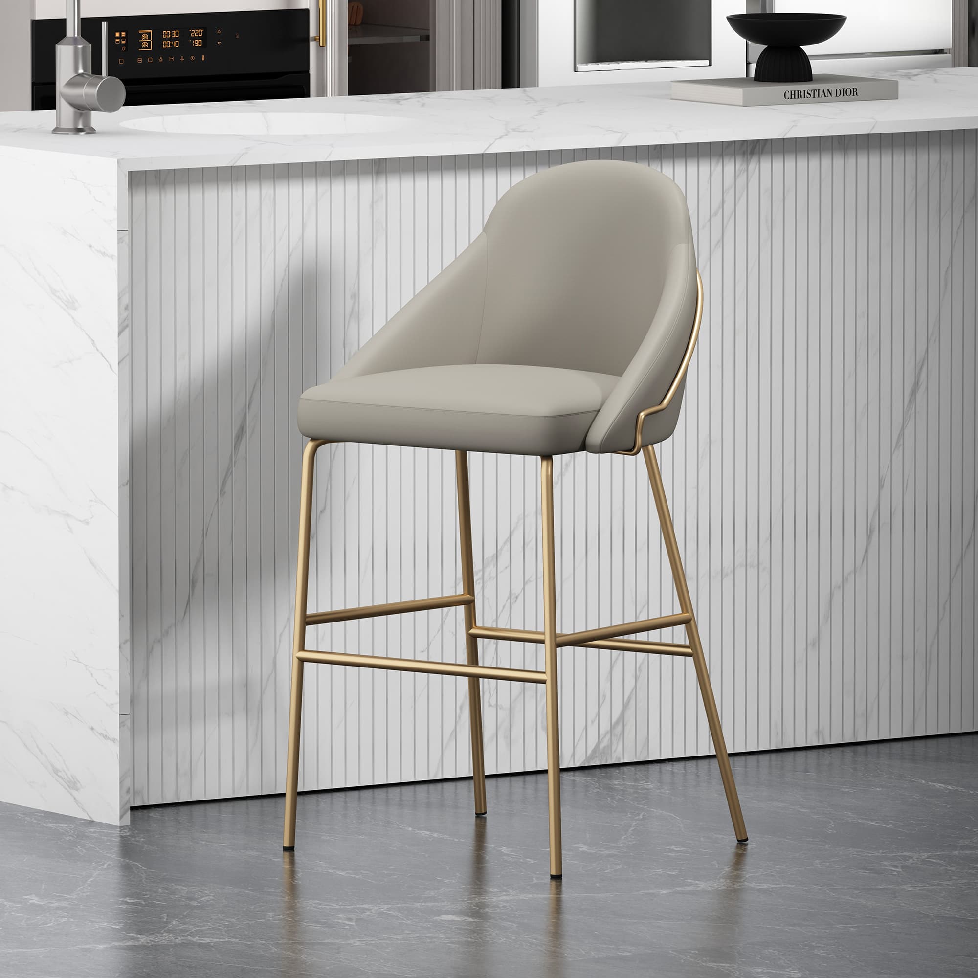 Gracie Metal Upholstered Barstool in Stone Grey and Gold