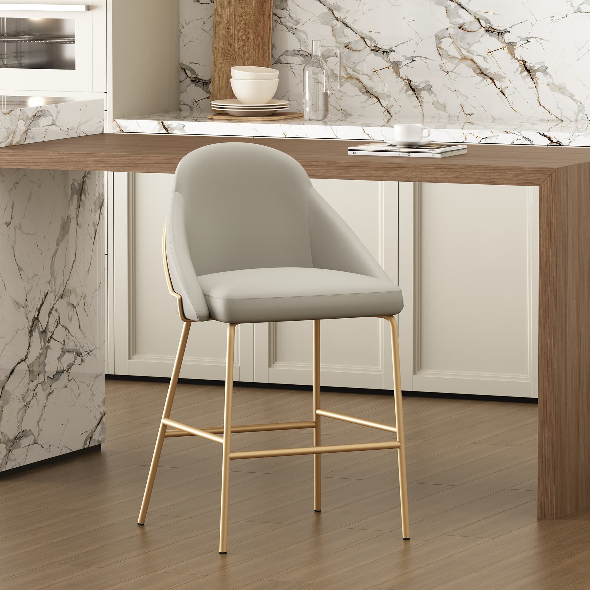 Gracie Metal Upholstered Counter Stool in Stone Grey and Gold